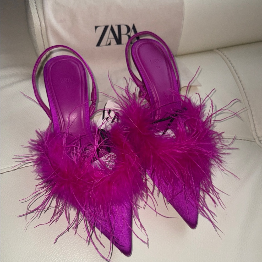 Zara Satin Slingback Pumps‎ Pointed Toe Feather Heels - Picture 11 of 17